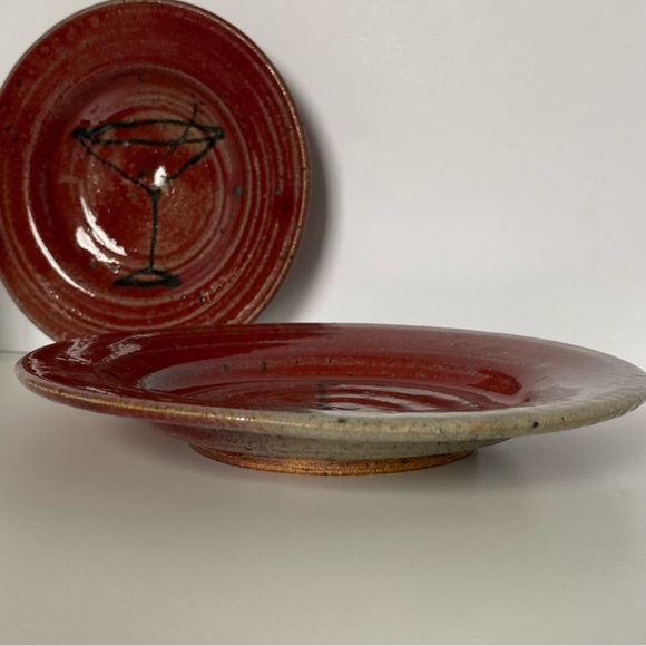 Pottery Hand Thrown Studio Plates Set of 2 with Martini Glass Burgundy Red EUC - Picture 14 of 16